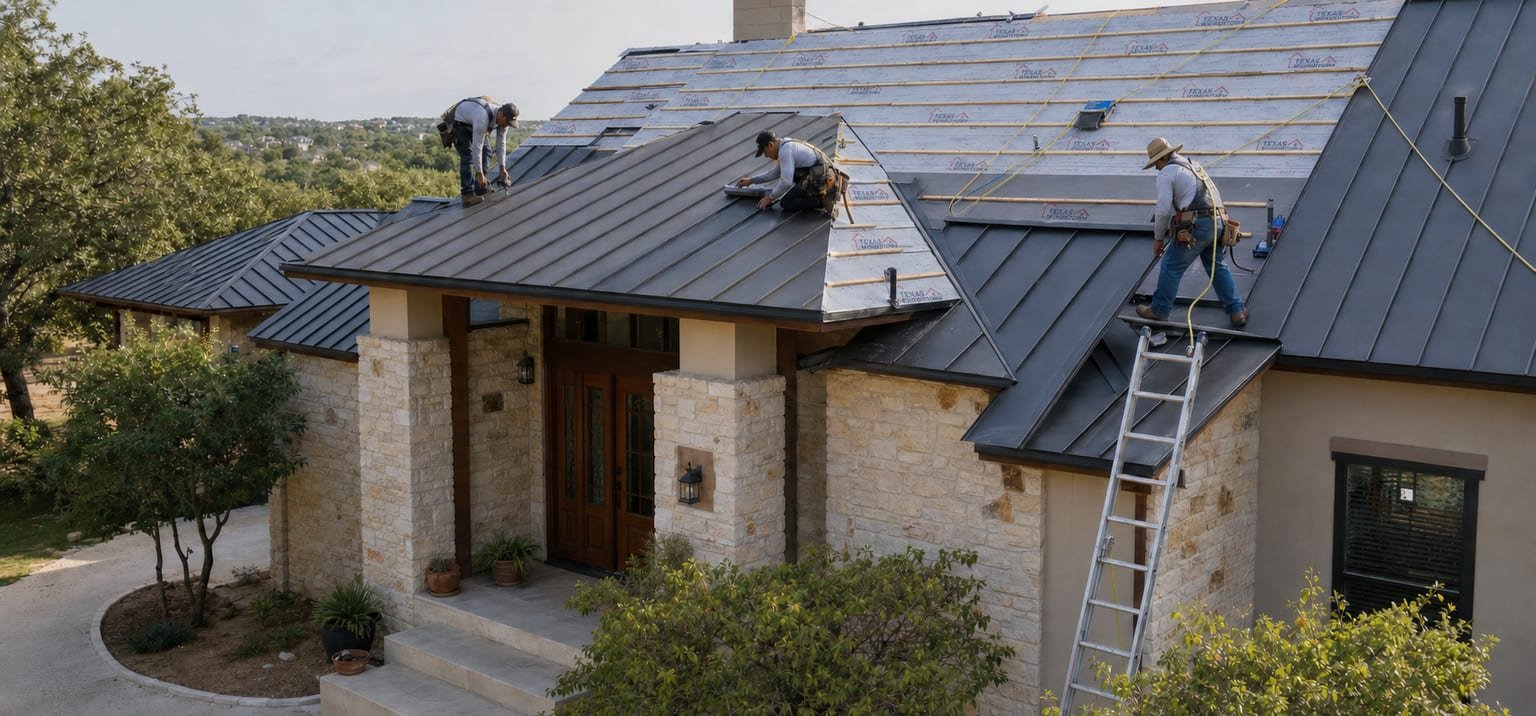 Roofing crew installing a metal roof over company-branded synthetic underlayment